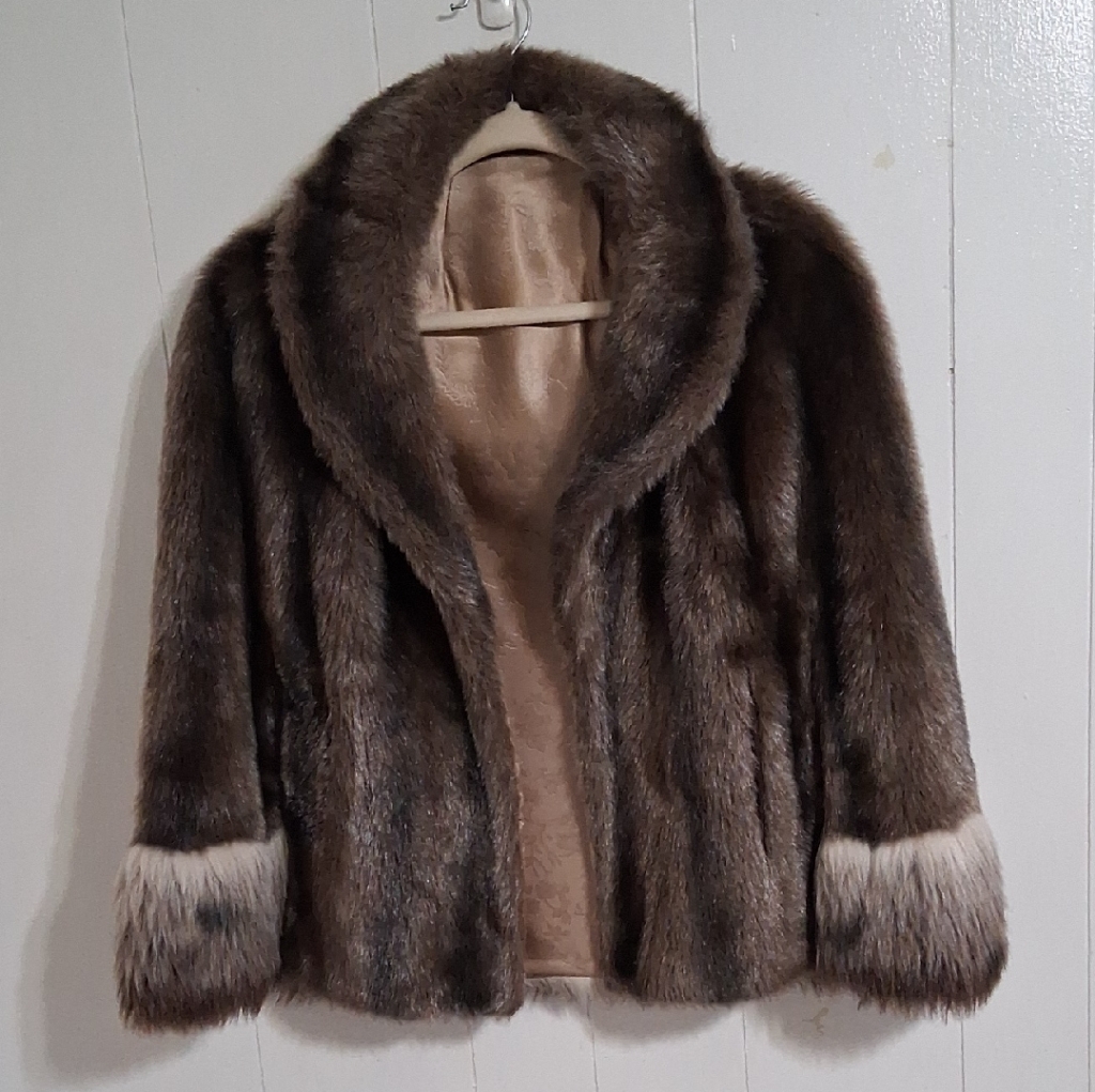 Vtg Glenoit Faux Fur Shawl Collar Cape Wrap Women's Os Brown Cream Ombre Trim